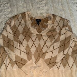 Cozy Argyle V-Neck Sweater in Tan